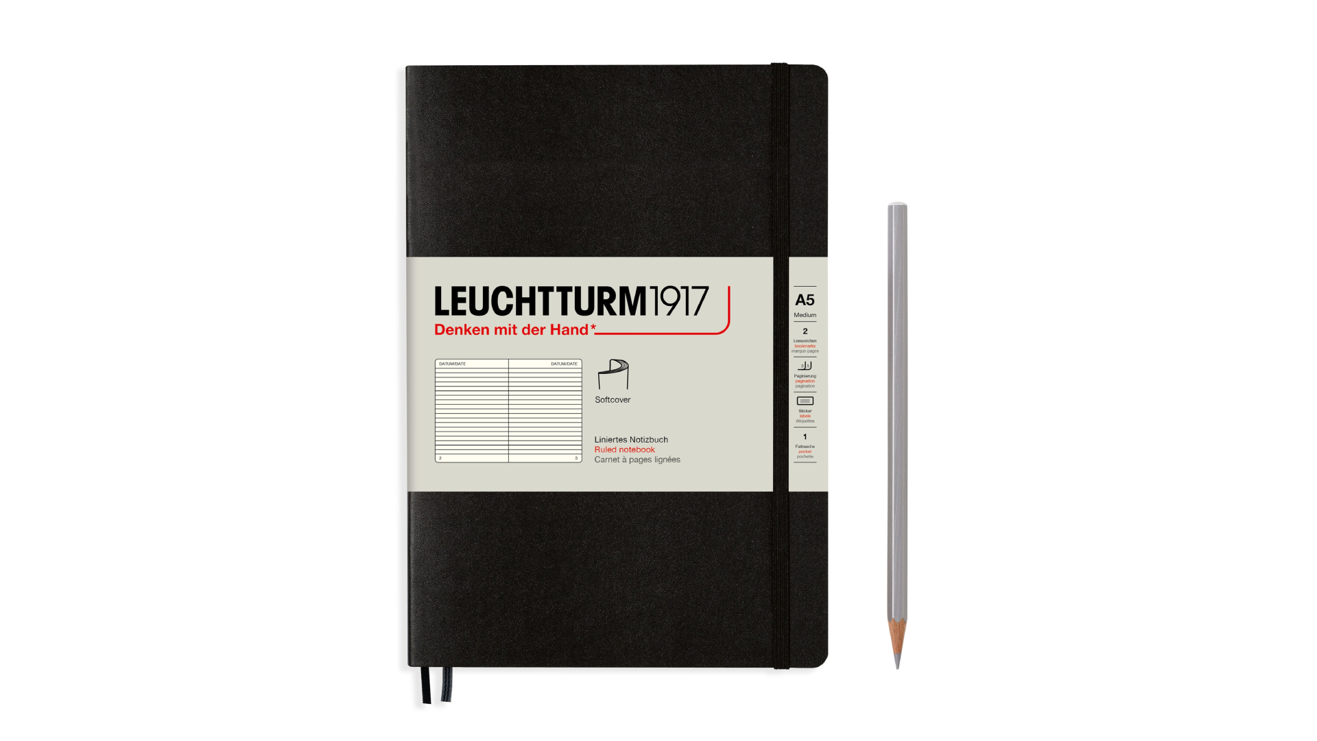 Leuchtturm1917 Notatnik Medium A5 80 g, Czarny, linia (miękka okładka)
