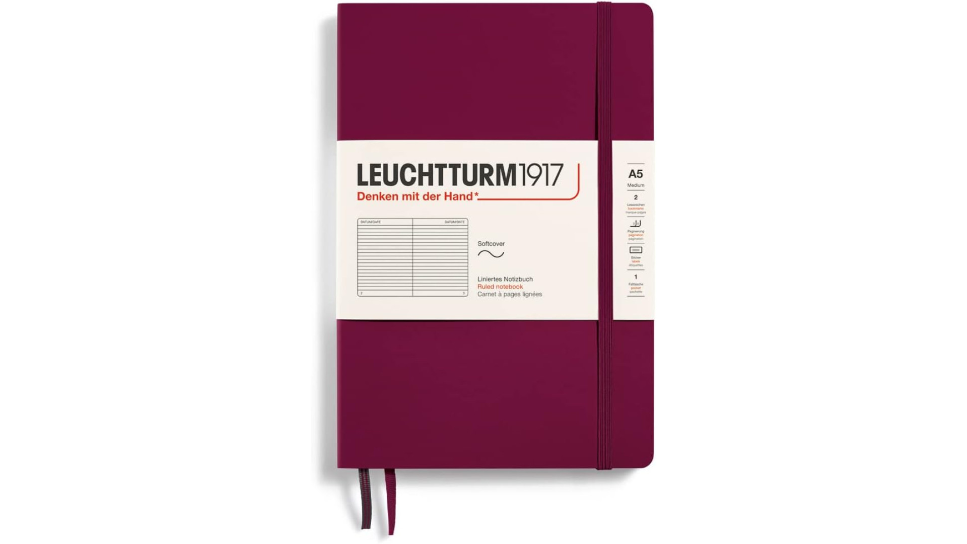Leuchtturm1917 Notebook Medium A5 80 g, Port Red, ruled (soft cover)