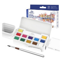 Phoenix Watercolour Pocket Set 12 half pans in a portable plastic travel case + accessories