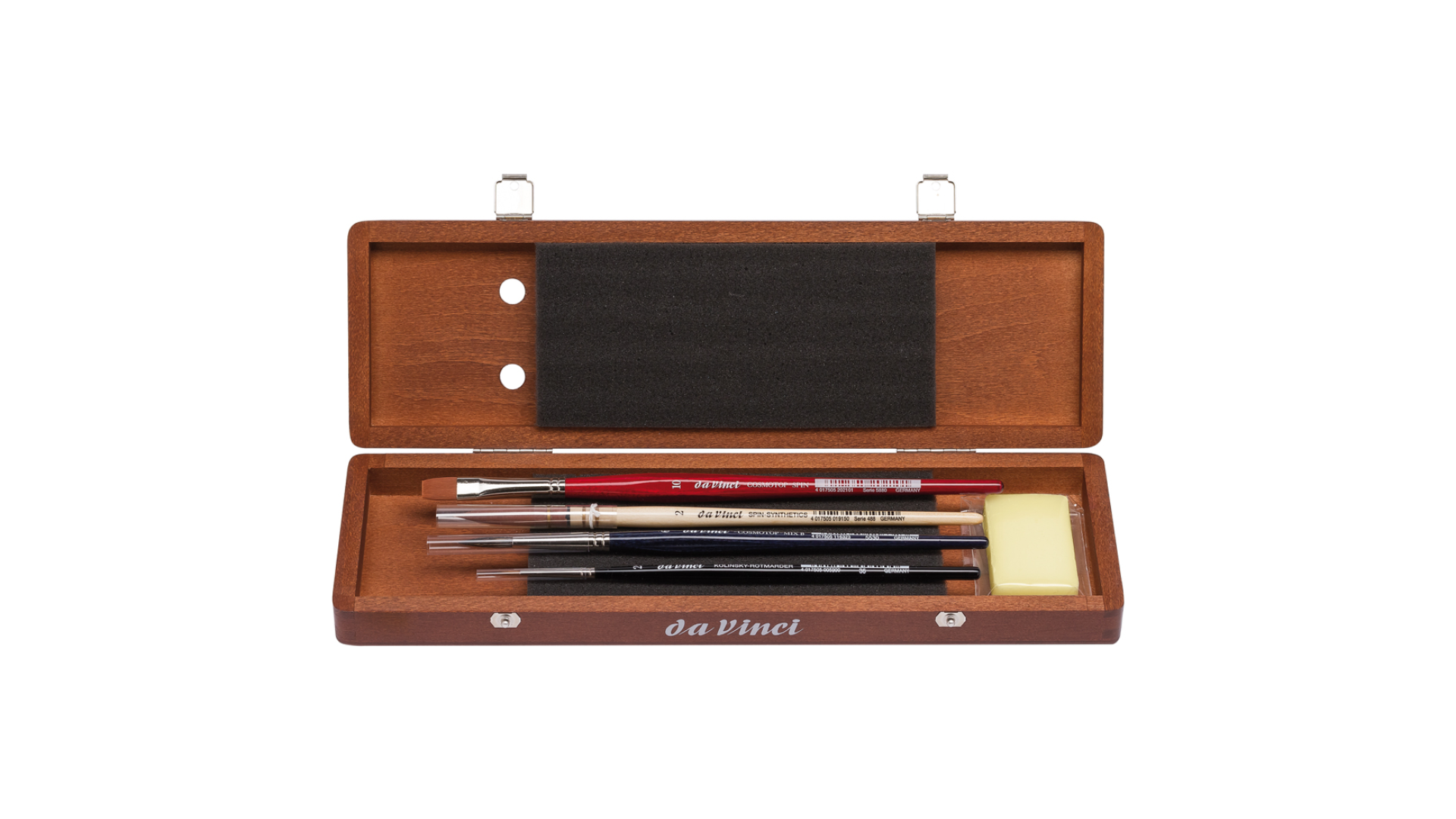 Water colour brush set, wooden box walnut coloured