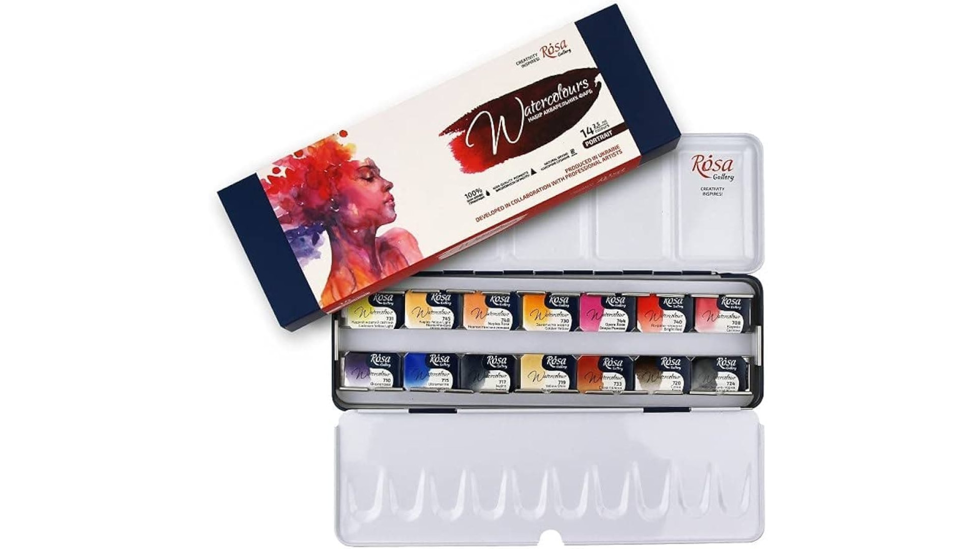 Set of watercolor paints "Portrait" ROSA Gallery, metal case, 14 colors, full pans