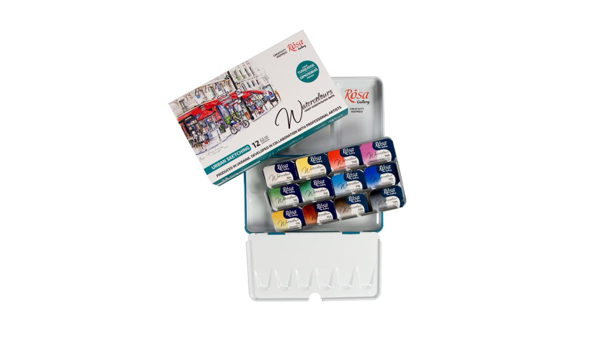 Set of watercolor paints "Urban Sketching" ROSA Gallery, metal case, Turquoise, 12 colors, full pans