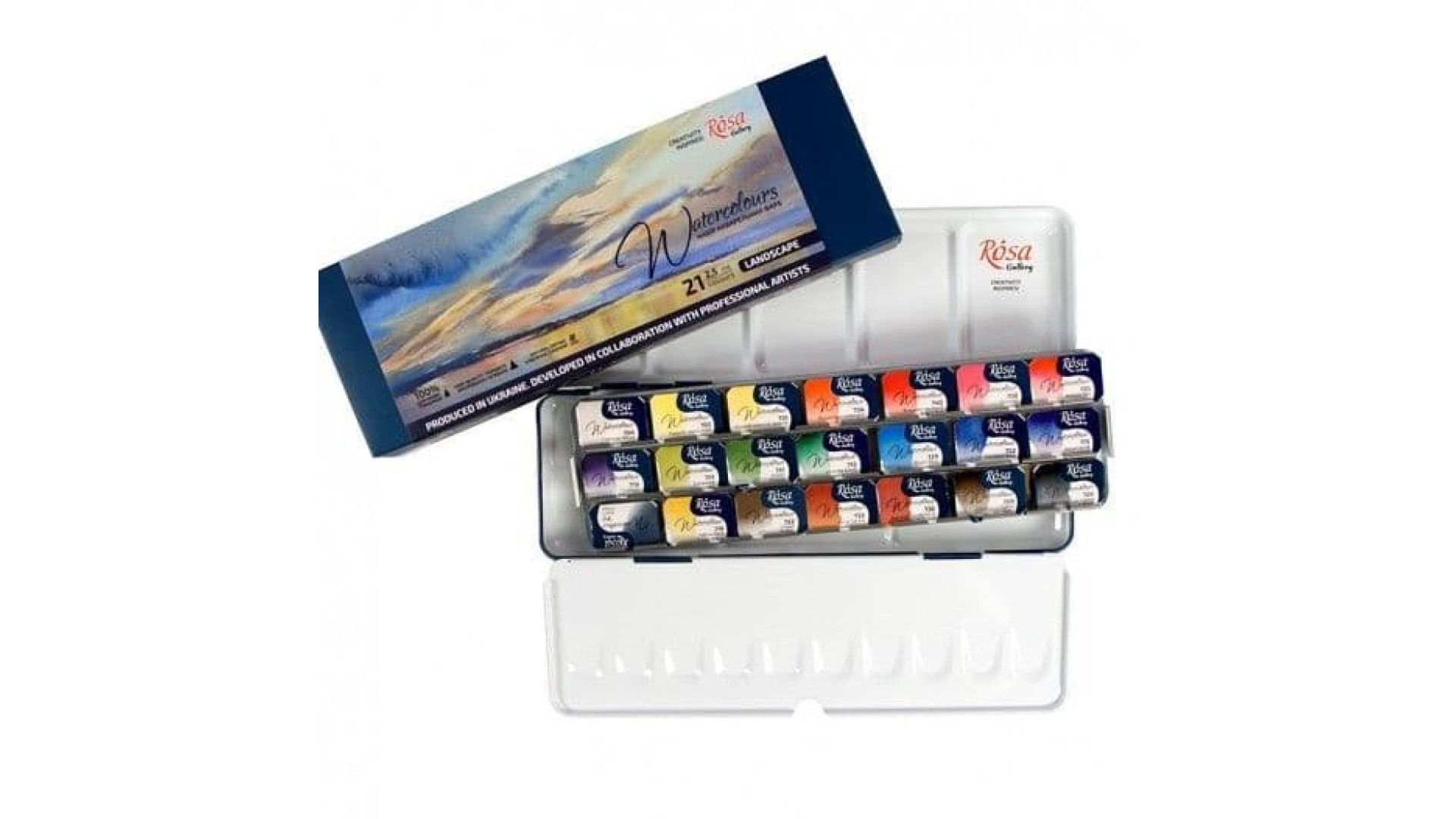 Set of watercolor paints "Landscape" ROSA Gallery, metal case, Indigo, 21 colors, full pans