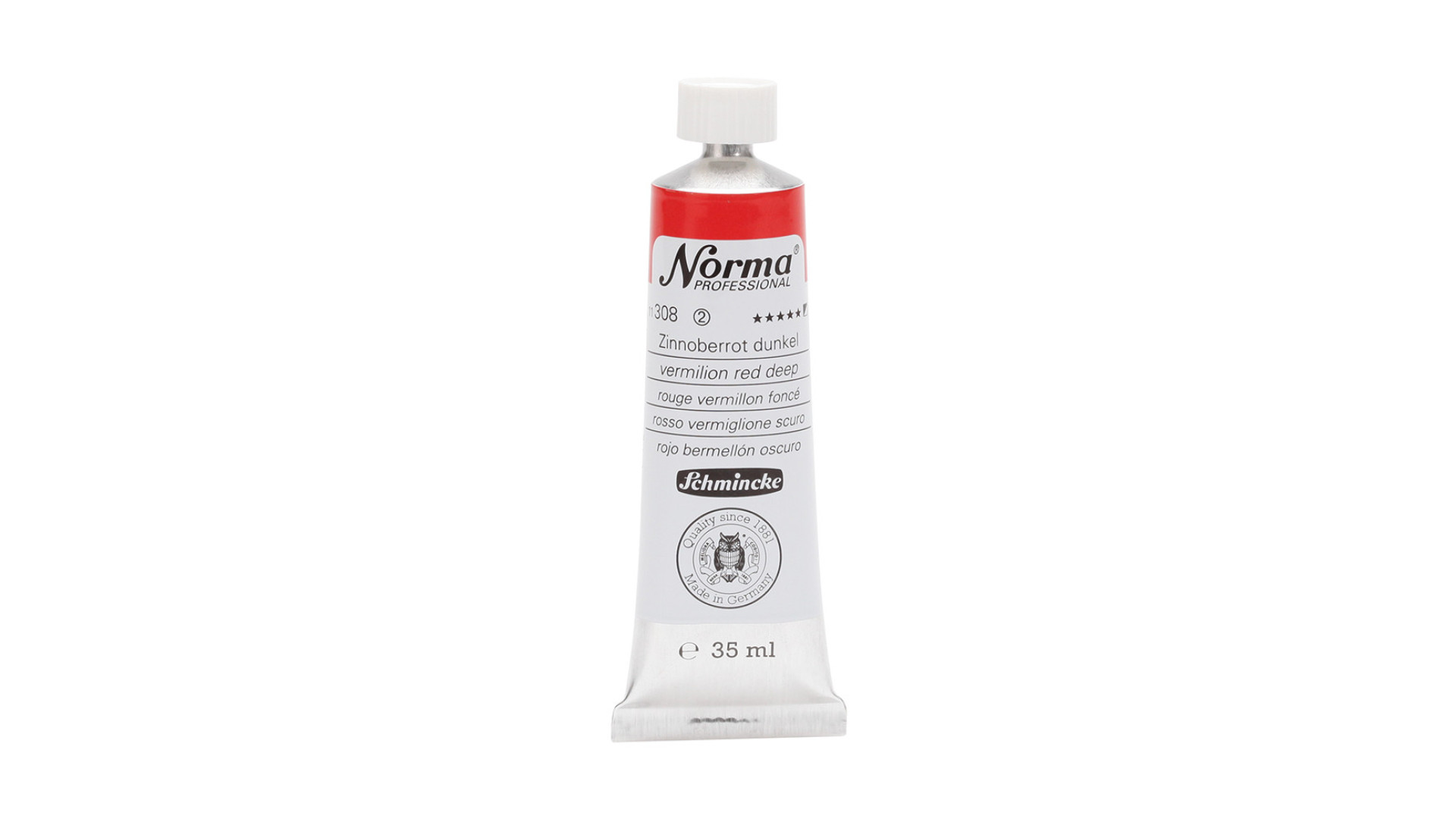 Farba olejna Schmincke Norma Professional o głębokim odcieniu czerwieni kadmowej. 35 ml. 308