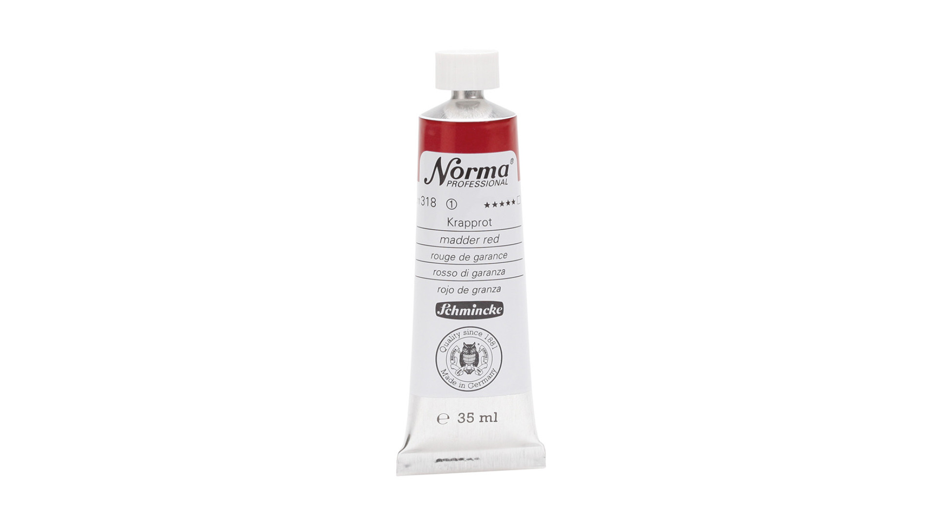 Farba olejna Schmincke Norma Professional o odcieniu czerwonym z dodatkiem marder. 35 ml. 318