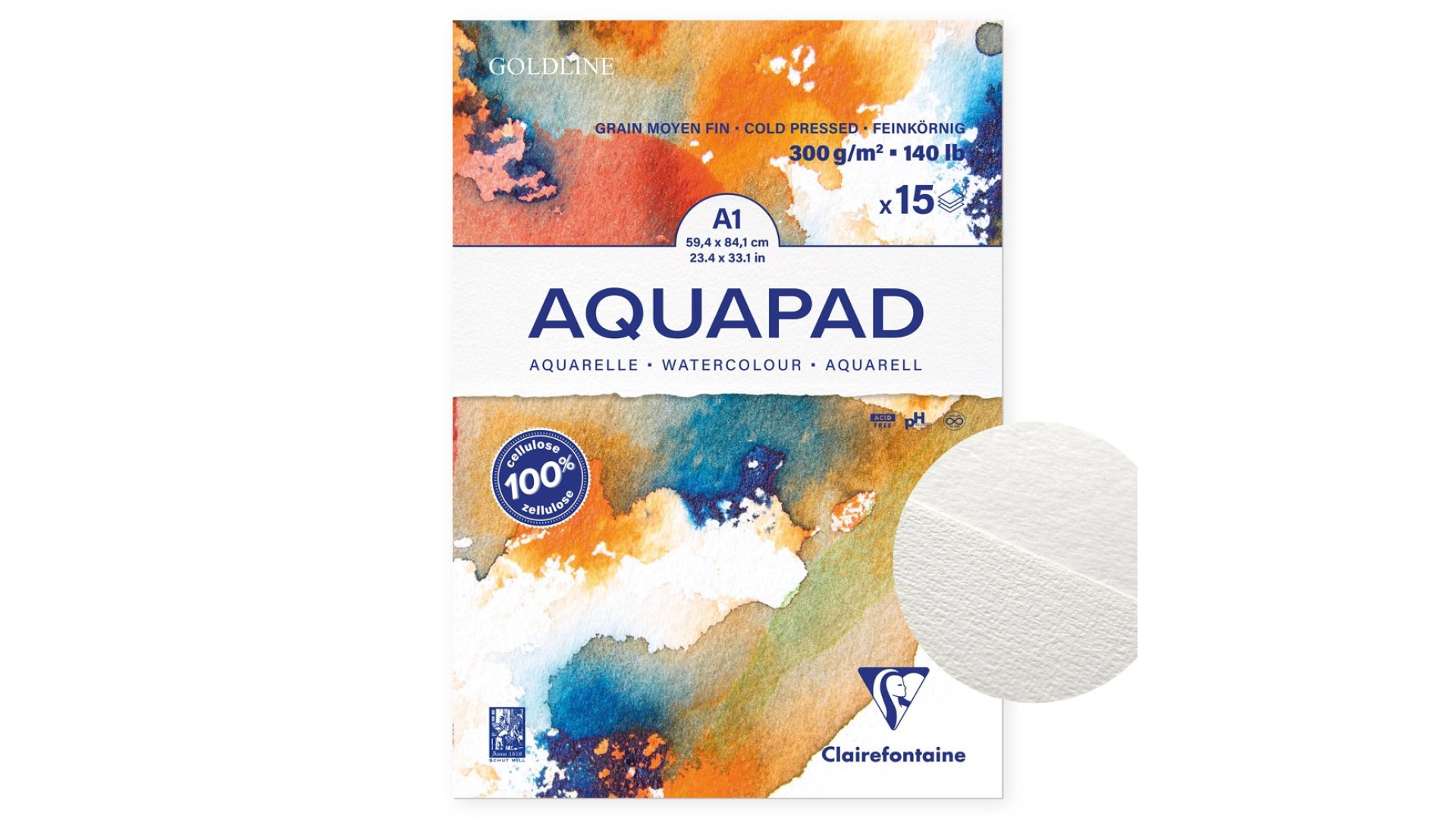 Clairefontaine Blok akwarelowy Goldline Aquapad, A1, 300 gsm, 15 ark