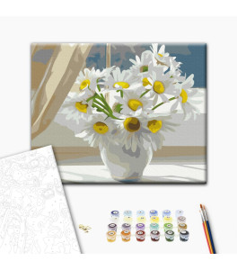 Malowanie po numerach Brushme "Rumianki w białej wazonie na parapecie" 40x50 cm