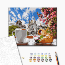 Malowanie po numerach Brushme Kawa z croissantem na tle katedry 40x50 cm